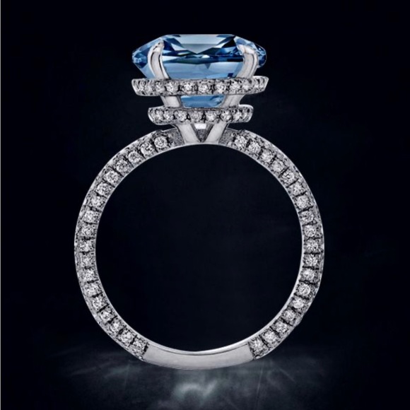 Italo Blue Topaz Ring Hidden Halo Cushion Cut Engagement Ring - Picture 5 of 11